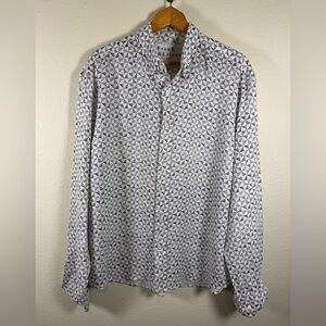 Frank And Eileen 100% Linen Black And White Geometric Print Long Sleeve Large